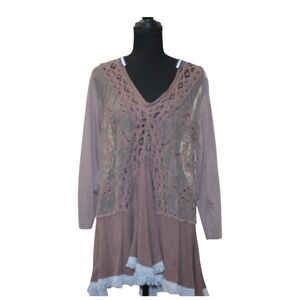 BKE Boutique Tunic Women XL Mauve Excellent Boho Mesh Lace Embroidery Fringe Top